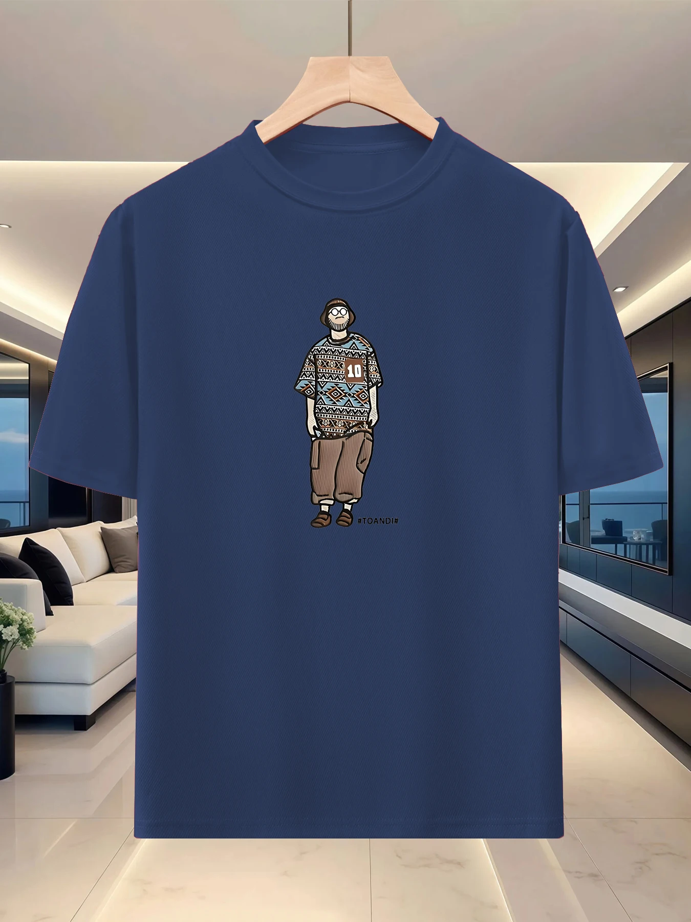 Free style men's round neck silhouette T-shirt for spring and summer travel, artistic print, lazy shoulder, half sleeve