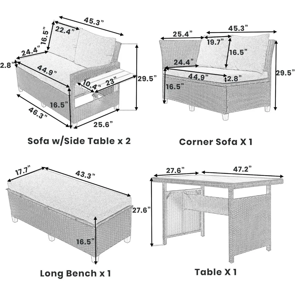 Sofa ogrodowa, zestaw 5 sztuk, kombinowana sofa z wikliny PE na zewnątrz z 2 wysuwanymi bokami, stół do jadalni i ławka, zestaw sof ogrodowych