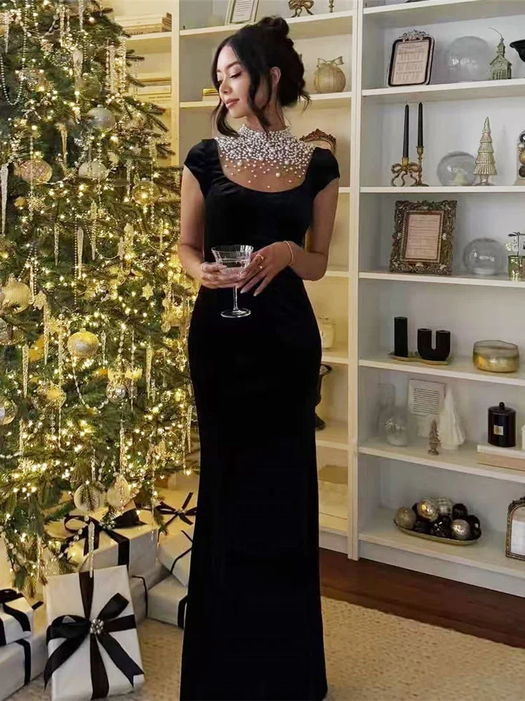 

Sexy O Neck Mesh Patchwork Pearl Bandage Dress Women Black Short Sleeve Beaded Long Bodycon Dresses Evening Party Cocktail Gowns