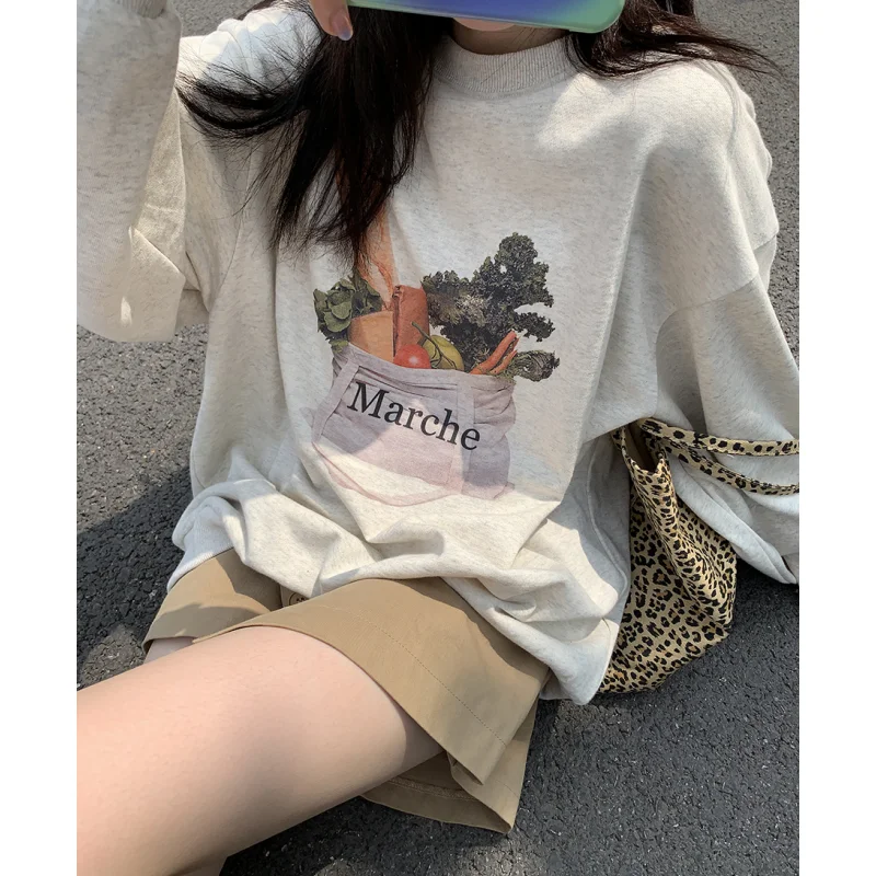 

White Grey Crew Baggy Sweatshirt Women' Fleece Thicken Fashion Unique Letter Printing Street Lazy Wind Long Sleeves Pullover Top