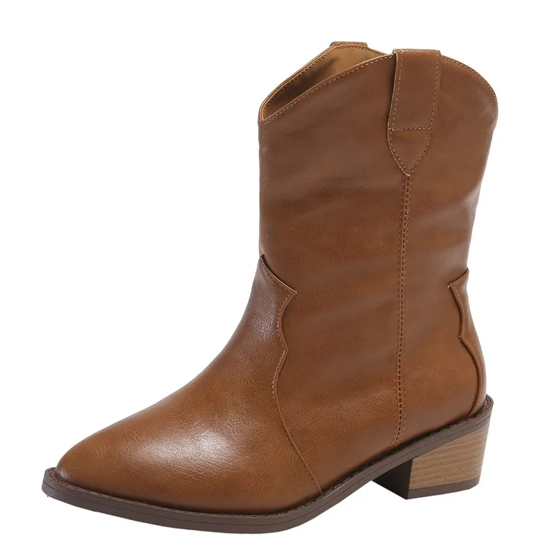 Botas occidentales de punta estrecha para mujer, zapatos de tacón grueso de tubo medio sólido, talla grande, gran oferta, Invierno