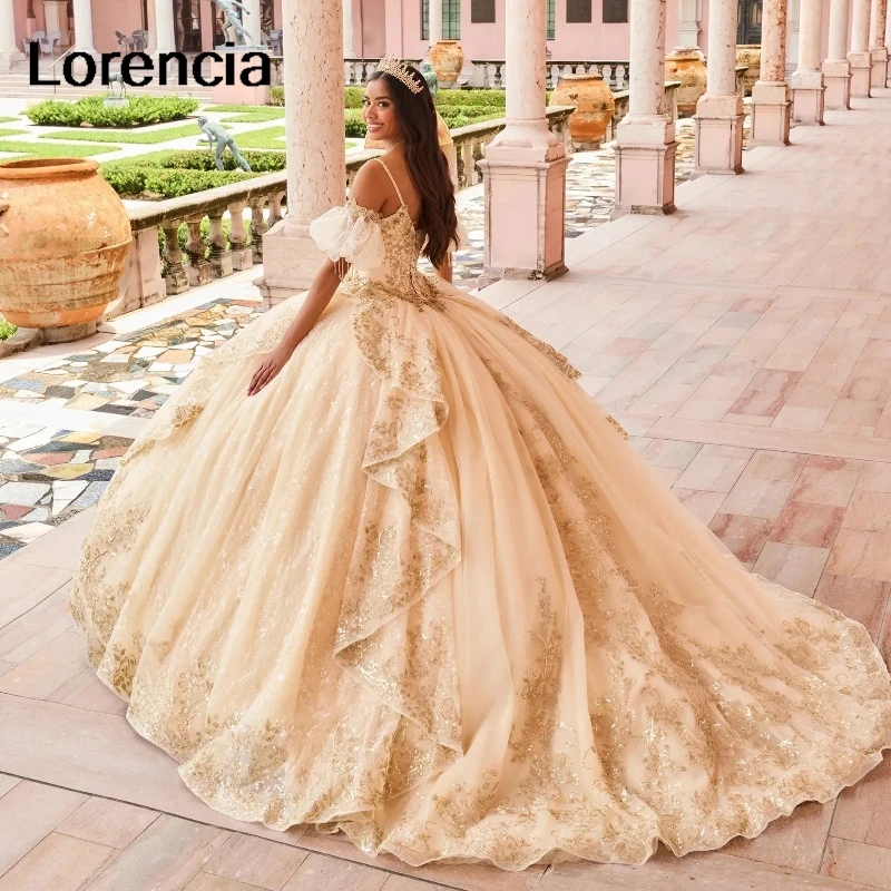 Lorencia Lavender Lialc Quinceanera 원피스 볼 가운, 스파게티 레이스 아플리케 크리스털 구슬 장식, 달콤한 16 베스티도 드 15 Aenos YQD686