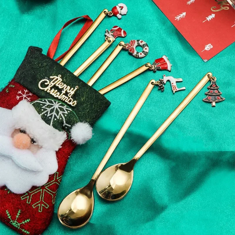 New Christmas Spoon With Elk Christmas Tree Pendant Stainless Steel Coffee Spoon Tea Spoon Dessert Scoop Xmas Decoration Gifts