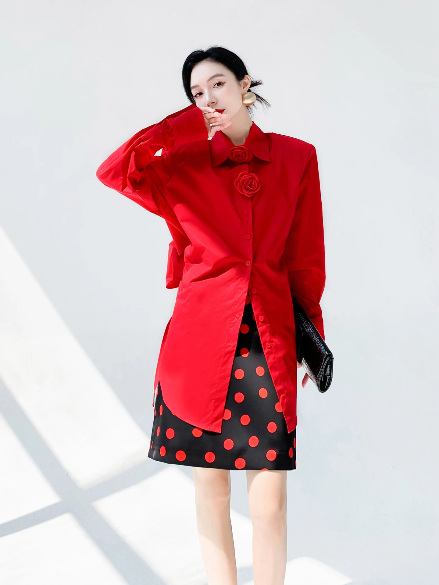 

Aksaya Design Sensual Long Sleeve Slim Fit Women's Shirt Mid-Length 3D Rose Print Cotton Vintage Style Fashion Spring Shirt