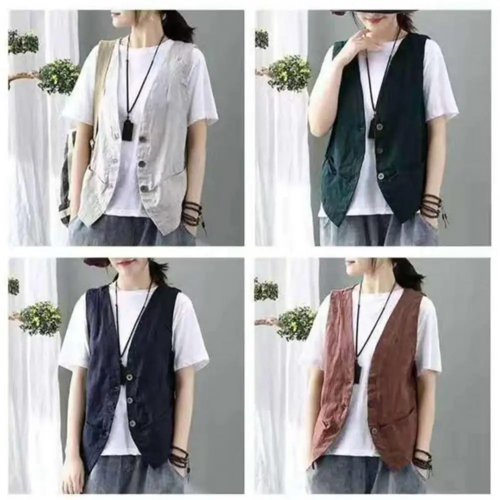 Women Vest Jacket Retro V Neck Cardigan Solid Color Button Closure Lady Coat Stylish Waistcoat for Wear Vest Top Women Button-up