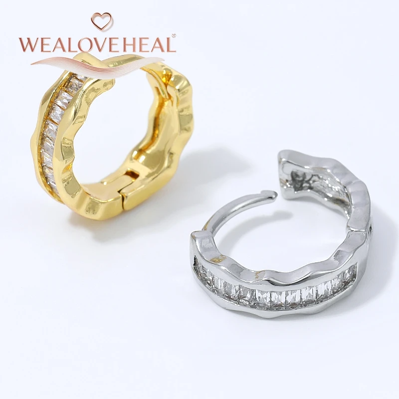 ohrringe, ohrringe damen, ohrringe gold, 18K Vergoldete Messing-Huggie-Ohrringe für Damen, Wasserwellen-Design mit Baguette-Zirkonia, Minimalistische und Luxuriöse Damen-Accessoires, Täglicher Schmuck – Detail 18