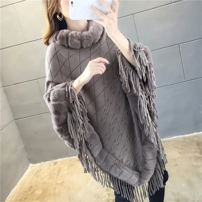 

Autumn Winter Imitation Rabbit Fur Women's Coat Imitation Wool Collar Pullover Shawl Warmth Poncho Capes Gray Cloaks