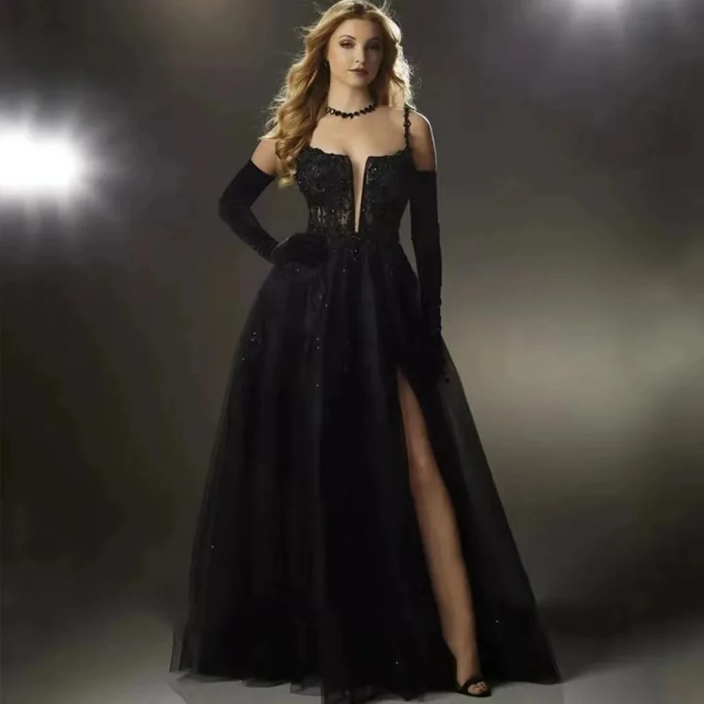 

Spaghetti Straps A-Line Tulle Side Slit Floor Length Evening Dress For WomenSexy Open Back Prom Party Gowns Custome