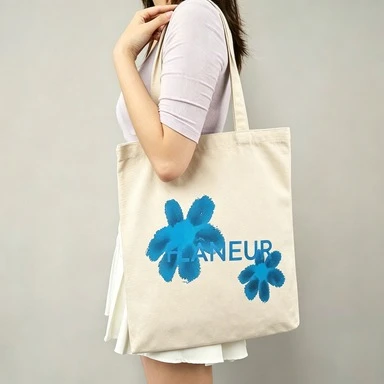 

2026 Aesthetic Blue Floral Canvas Tote Bag FLANEUR Print Eco Friendly Shopping Large-capacity versatile and fashionable