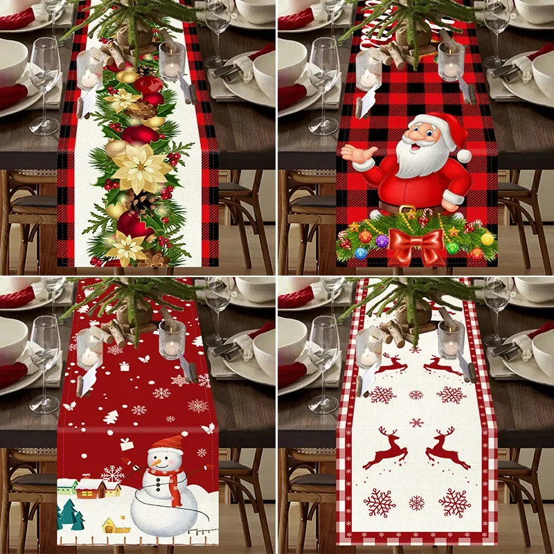 2026 Christmas Linen Print Table Runner Christmas Flower Santa Elk Table Flags Kids Xmas Eve Table Cover Navidad New Year 2026