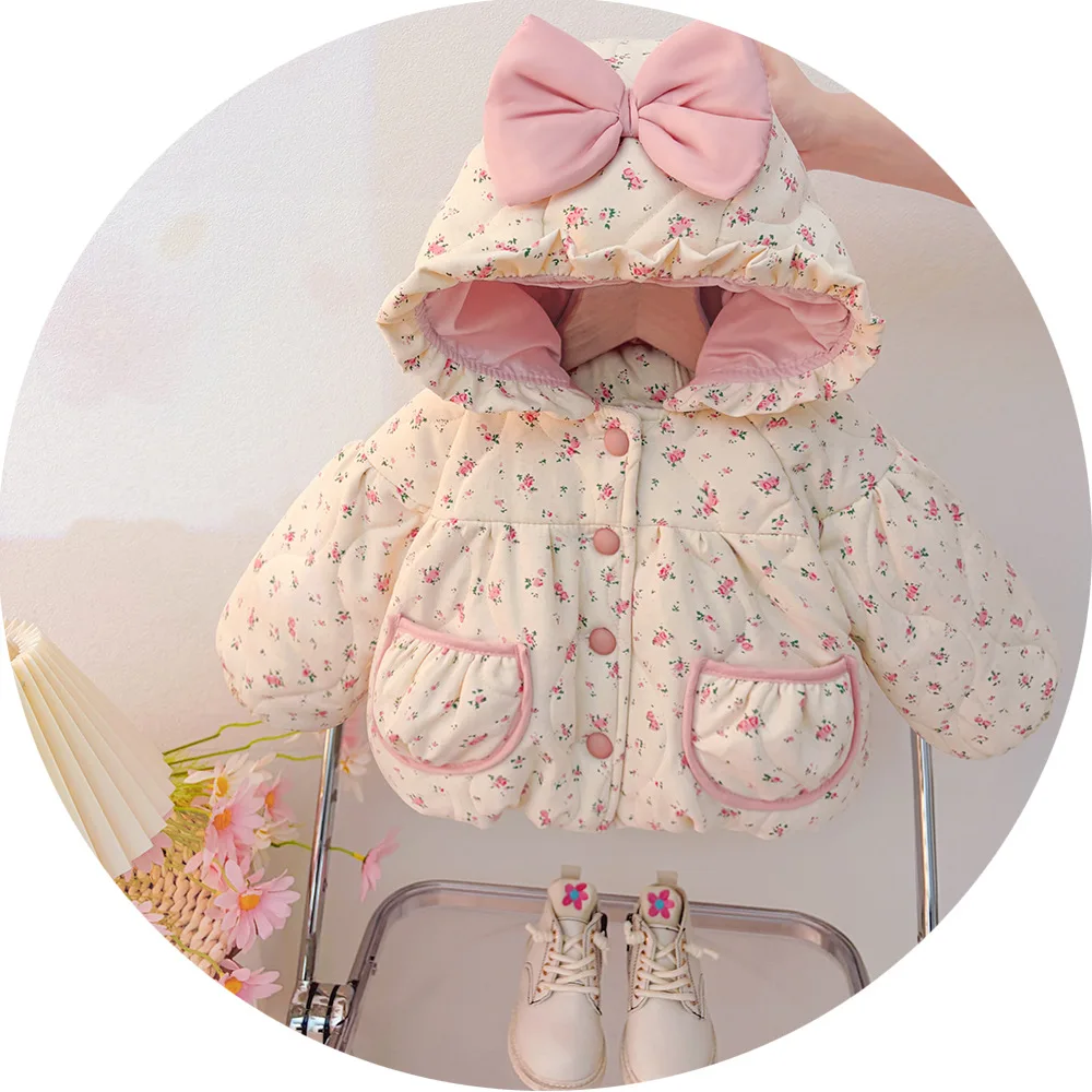 Girls Cotton Clothes 2026 Spring and Autumn New Childrens Clothing Korean Style Girl Baby Pink Bow Floral Hooded Cotton Clothes - view 5