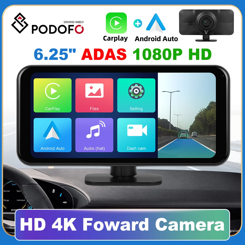 

Podofo 6.25" Car Mirror Dash Cam Rearview Camera Carplay Android Auto With 4K Foward Video DVR Navigation Recorder Dashboard DVR