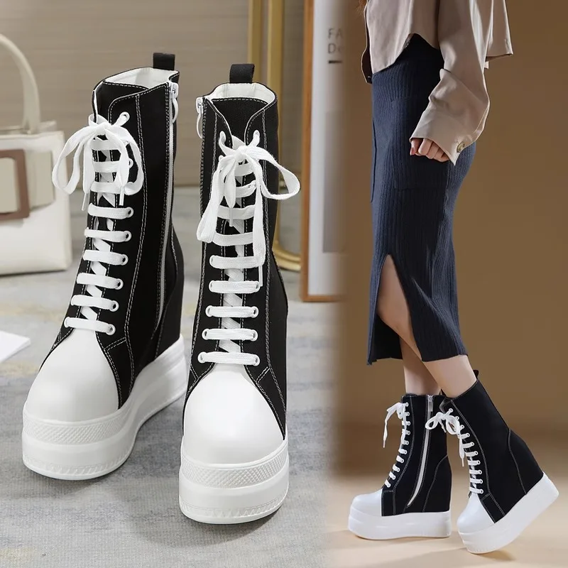 14CM Wedge Heel Ankle Boots in To Increase The Platform Nightclub Sexy Front Lace-up Round Head Super High Heel Boots for Women