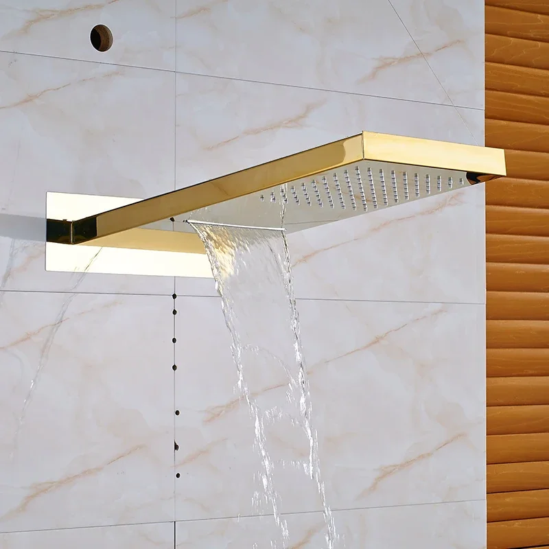 Vidric Vidric Gold Digital Shower Faucets Set LED Rain Waterfall Shower Head 3-way Digital Display Mixer Tap Concealed Bathroom