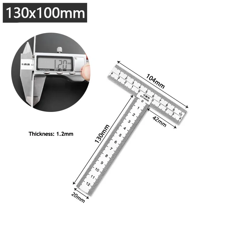 1PCS Integrated Stainless Steel T-shaped Ruler with 90 Degree Right Angle and Thickened Scale T-shaped Engineering Ruler