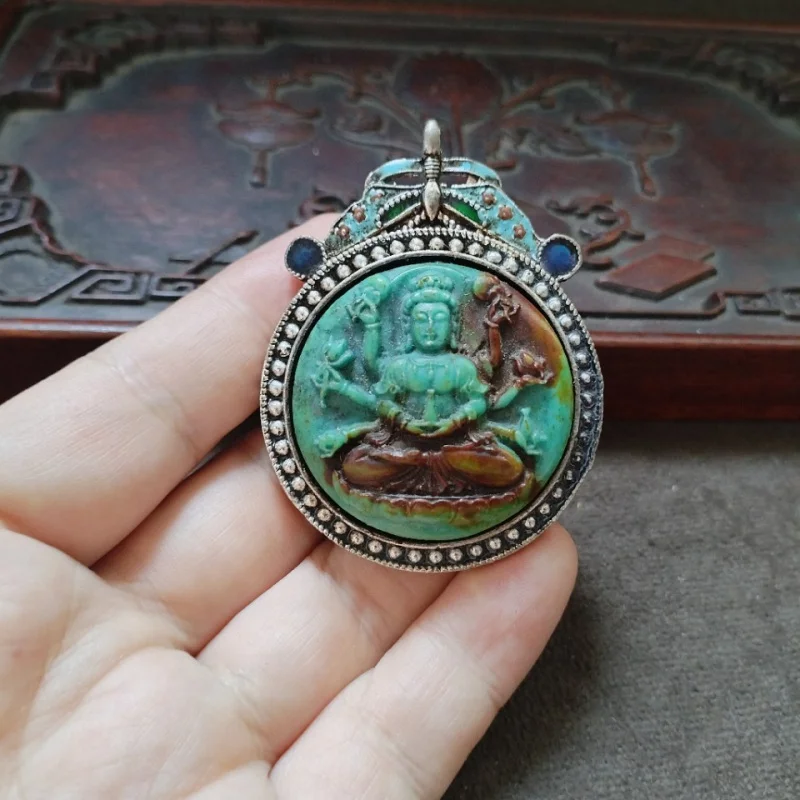 Collectible Patina Old Silver Inlaid Turquoise Thousand-Hand Guanyin Pendant Hanging Ornament Accessory