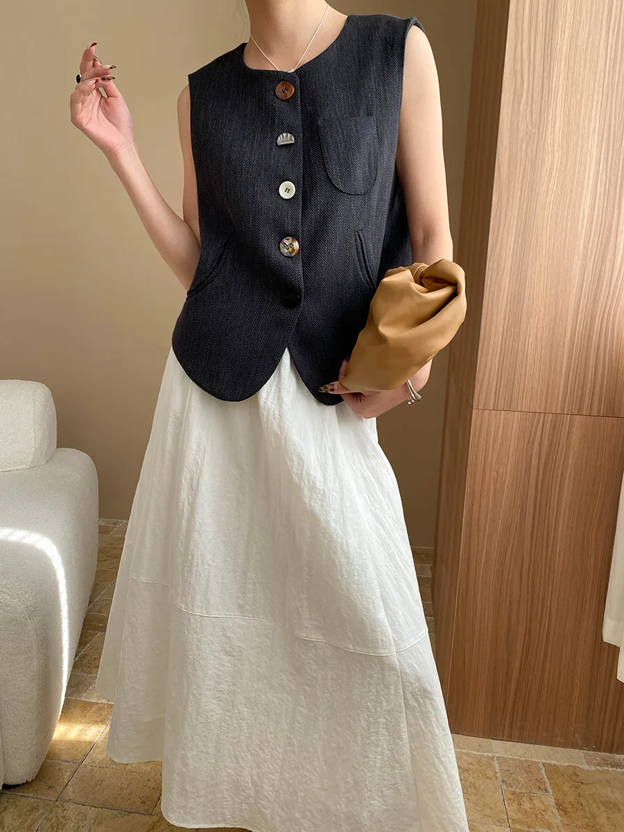 

Spring and summer women's casual solid color round neck pocket decoration loose vest