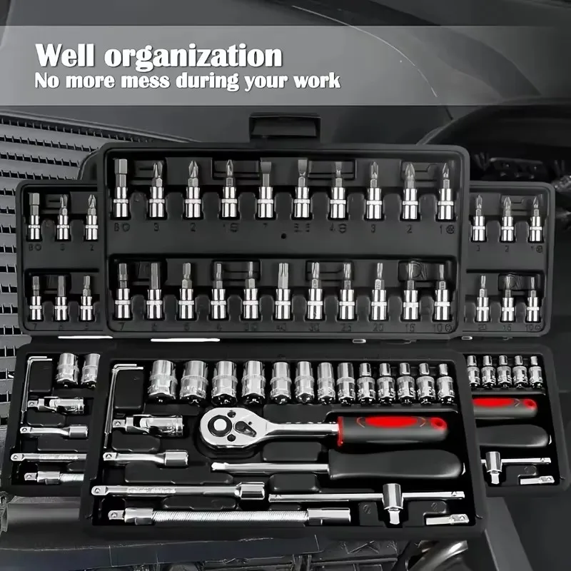 Komplettes 46-teiliges Steckschlüssel-Set aus Chrom-Vanadium mit Ratsche, Verlängerungen und Robustem Koffer für Autoreparatur und Heimgebrauch – Detail 3