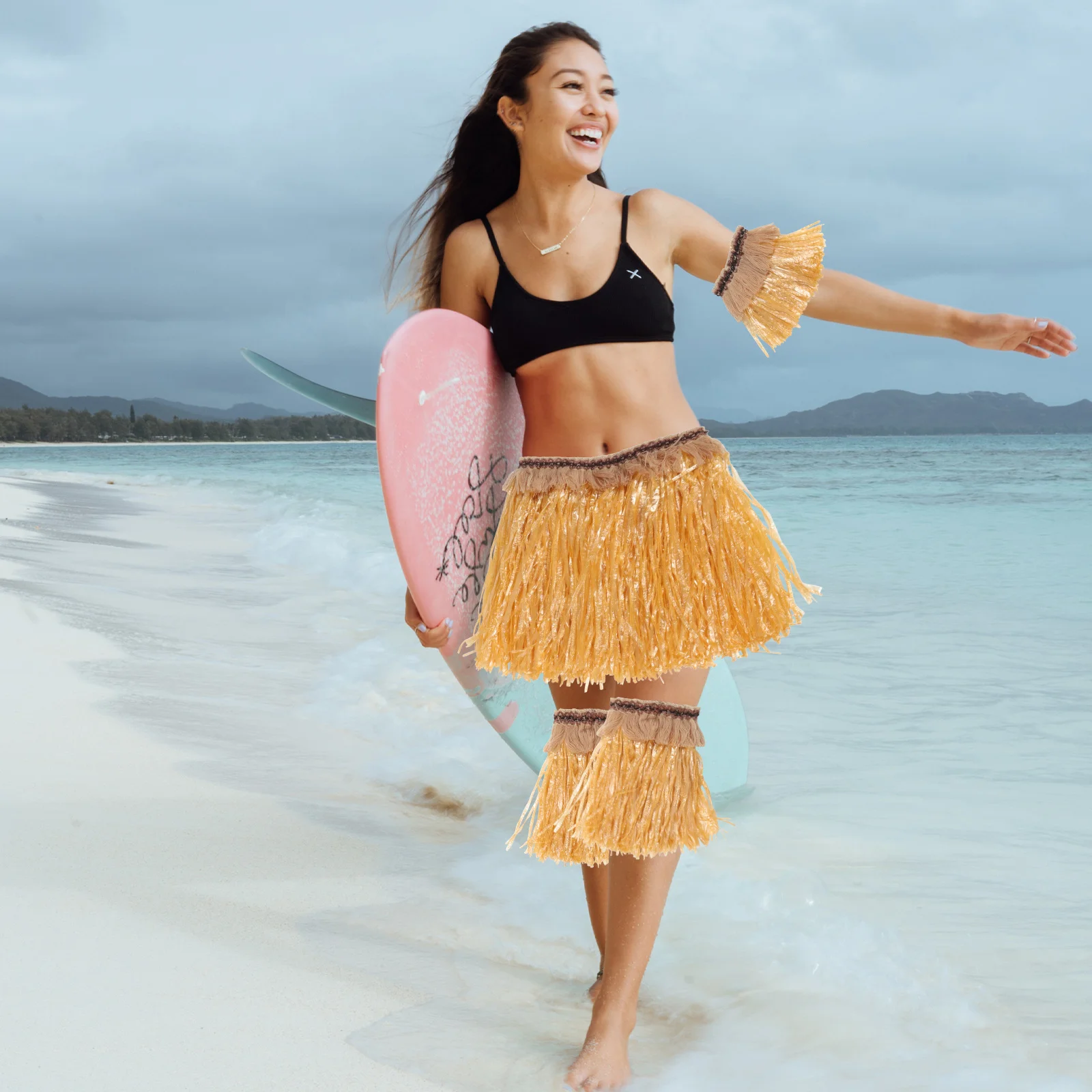 

5 шт. 1 комплект, комплект костюмов хула, гавайская юбка с травой, этнический дизайн, аксессуары для пляжной вечеринки, имитация тропического взрослых женщин, Луау