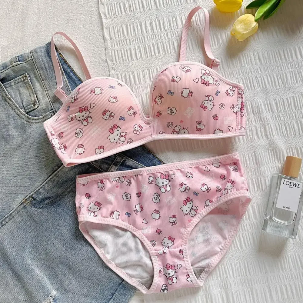 

Women Underwear Suit Cute Hello Kitty Sanrio Anime Kawaii Cotton Sexy Panties No Rims Bra Cartoon Student Sweet Girl Fashion
