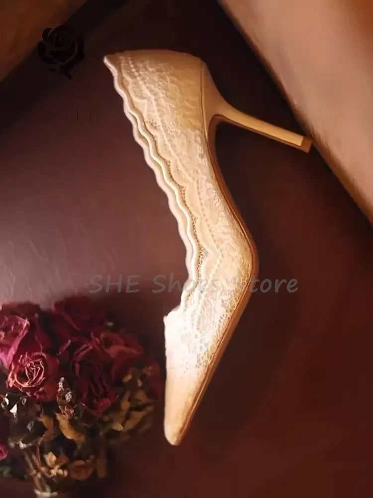 White Embroidered Lace Wedding Bride Shoes Pointed Toe Thin Heel Shallow Pumps for Women Ladies Summer Breathable Sandals