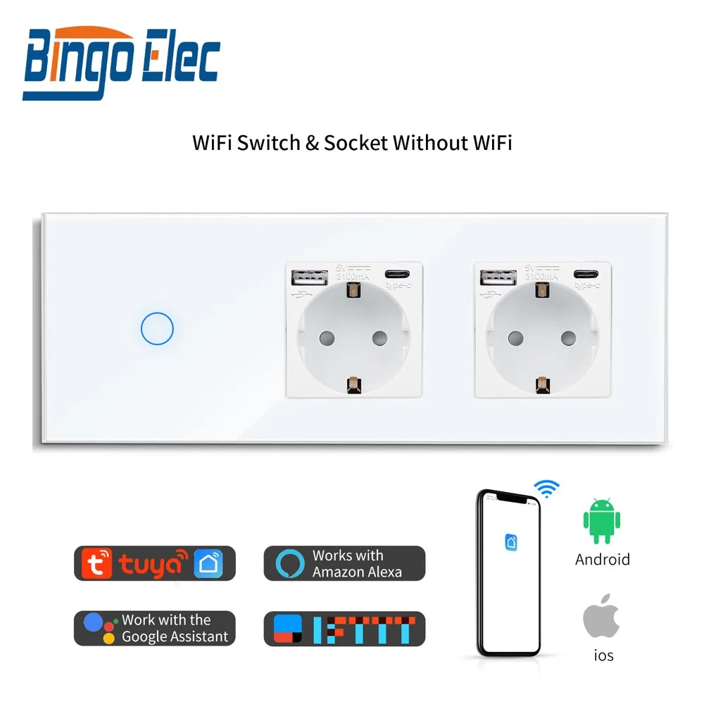 Bingoelec Wifi Wall Touch Switch With Double USB Sockets Type-C 1/2/3Gang Light Switches Work With Alexa Tuya Google Home