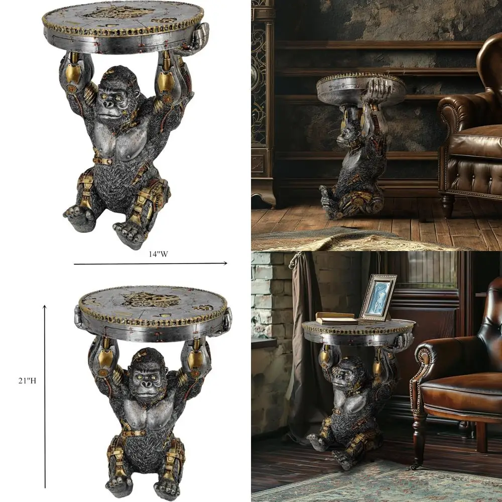 قاعدة Steampunk Gorilla: تمثال قرد سايبورغ من الراتنج الخيال العلمي، طاولة نهاية قابلة للجمع مرسومة يدويًا #1