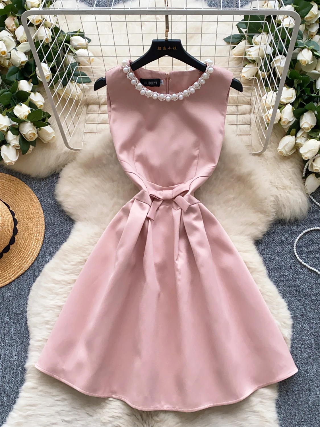 Ele High-End Perline rotonde Ne Svel Donna Dr Summer Dimagrante A-Line Abito con gonna intera Coreano Sle a vita alta