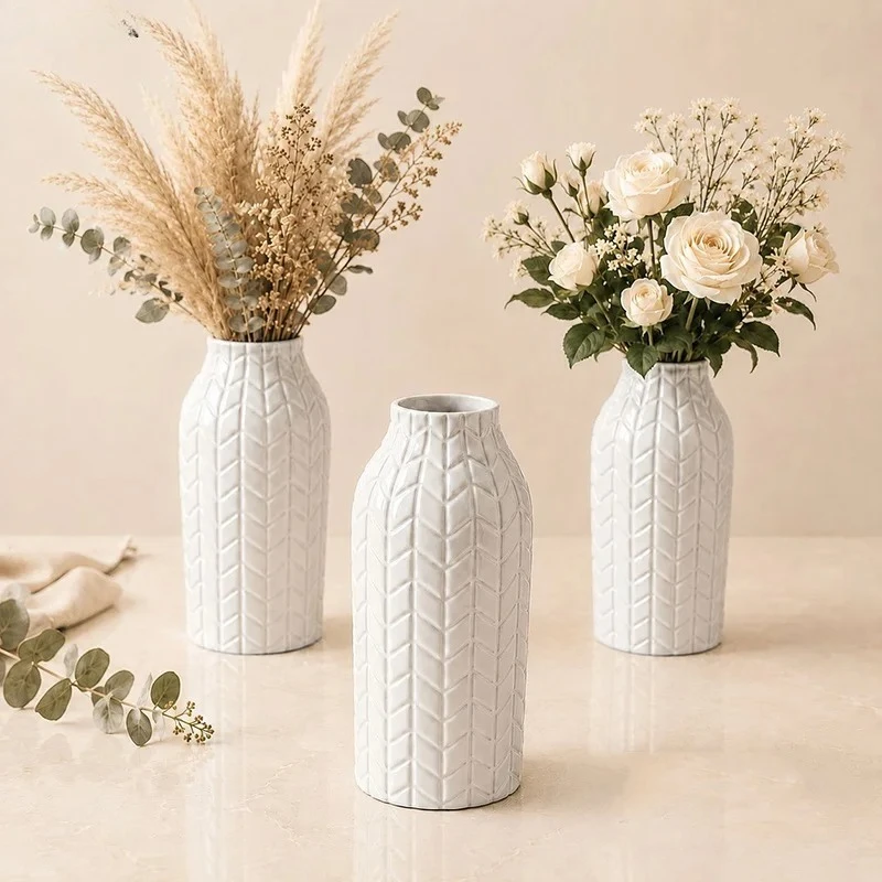 24cm Wheat Ear Relief Texture Ceramic Vase White Flower Pots Table Home Decor Flowers Arrangement Floral Vases Room Ornaments