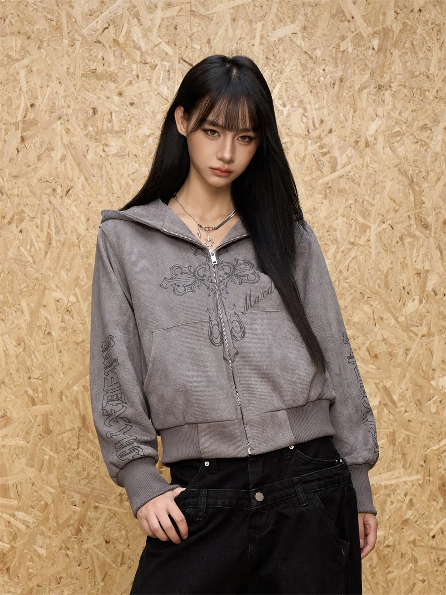 

Retro American Sle Hoodie Jaet Women's ort Zipper Printed Slimming School Sle Spring Autumn Outerwear