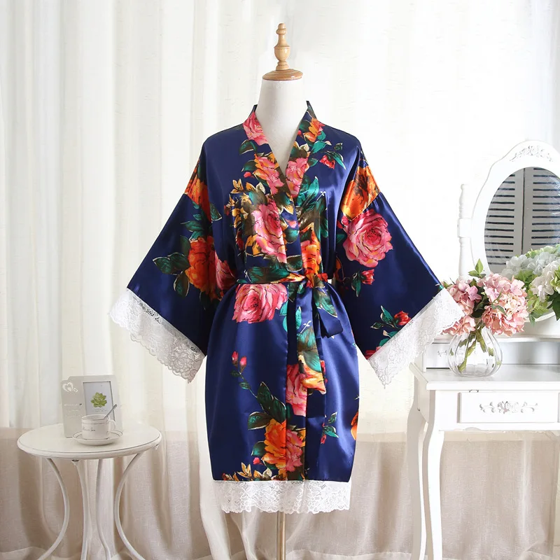 Kimono estilo japonês feminino, estampa peônia, camisola padrão, cardigã com renda, roupão curto, pijama de seda de imitação fina, roupas femininas