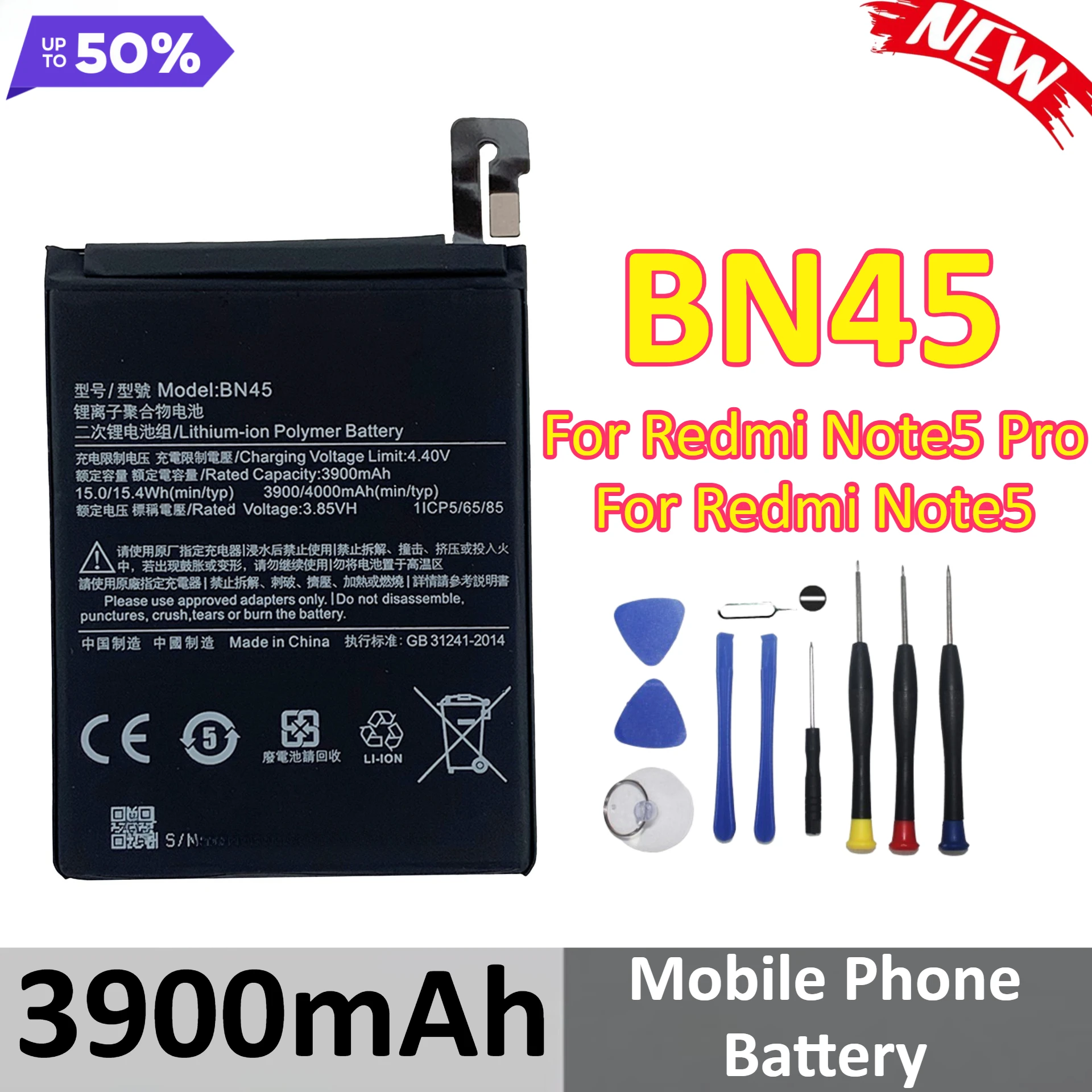 

New BN45 3900mAh Battery For Redmi Note5 Pro For Redmi Note5 Mobile Phone Battery + Tools