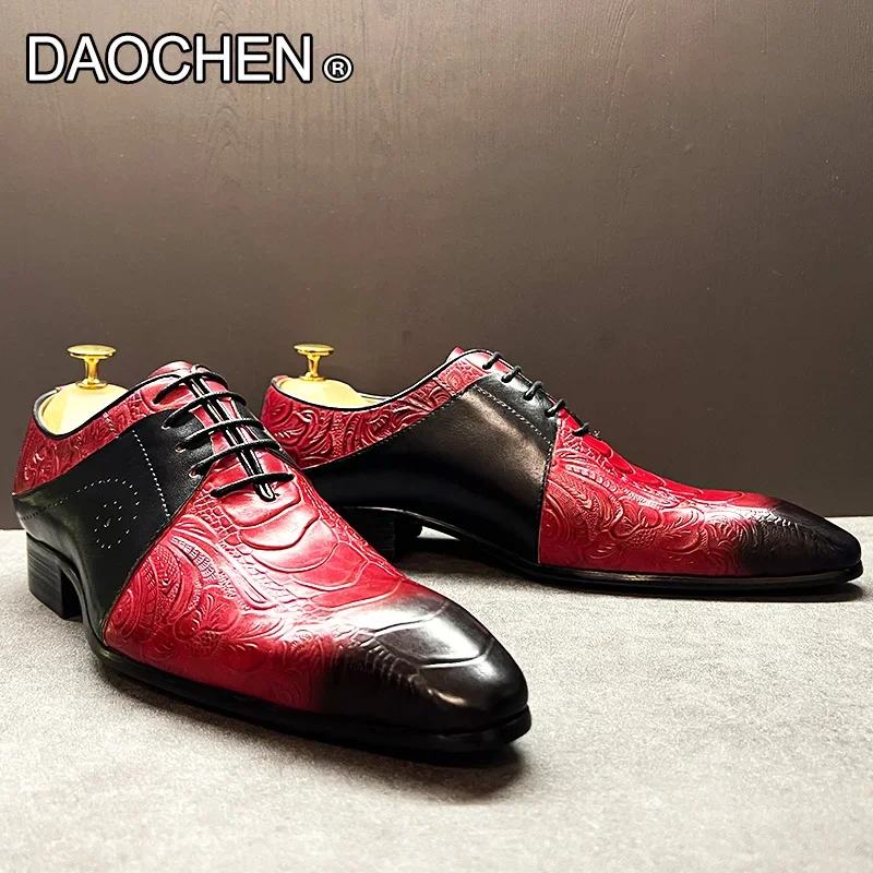 Zapatos de piel auténtica para hombre, calzado informal con cordones, punta estrecha, estampado, color rojo y negro, para boda y oficina