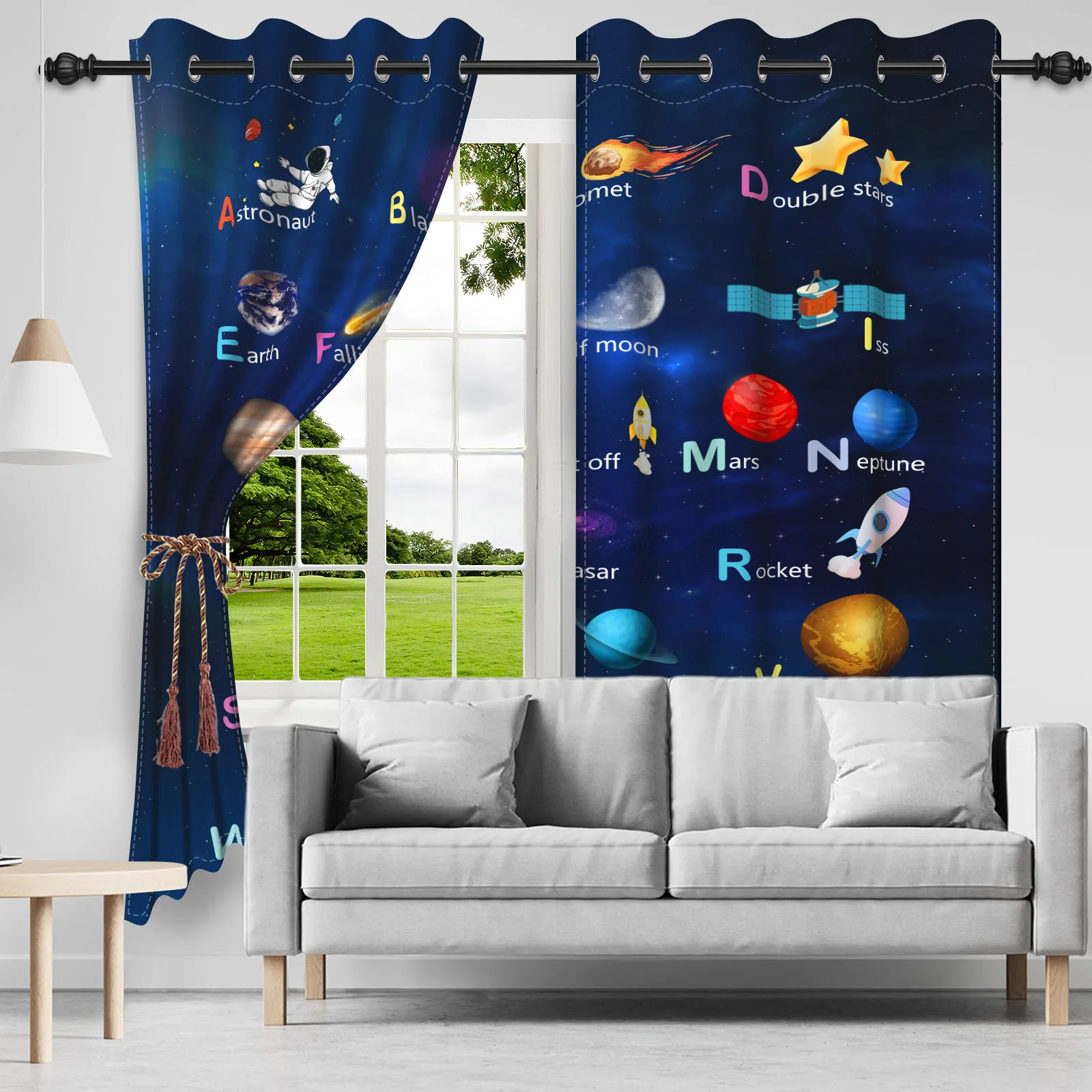 2pcs/set Deep Blue Sky Letters ABC Window Curtain Universe Space Planet Rocket Boys Bedroom Decor Blackout Polyester Curtains