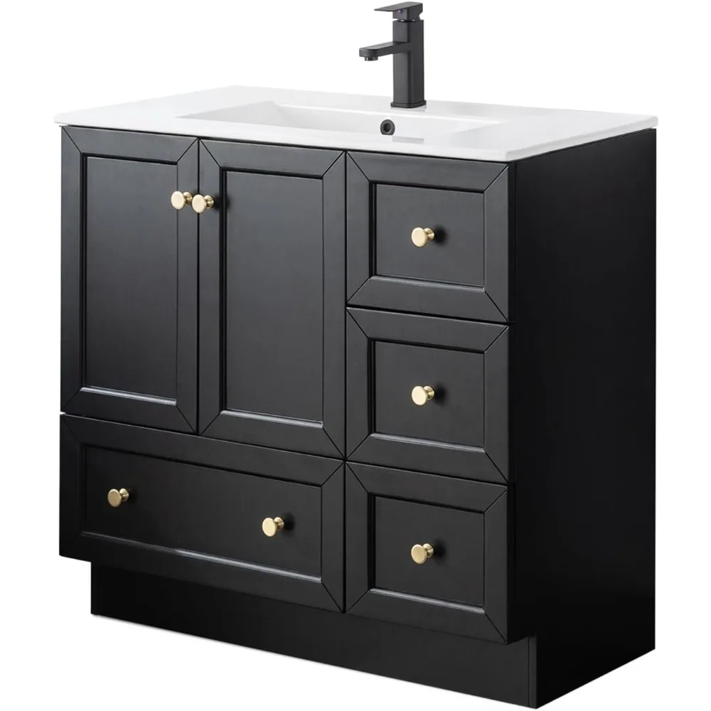 

36" Modern Bathroom Vanity with Sink Combos, Painted Wood Skirting Line Design Bathroom Storage Cabinet, Without Mirror, Black