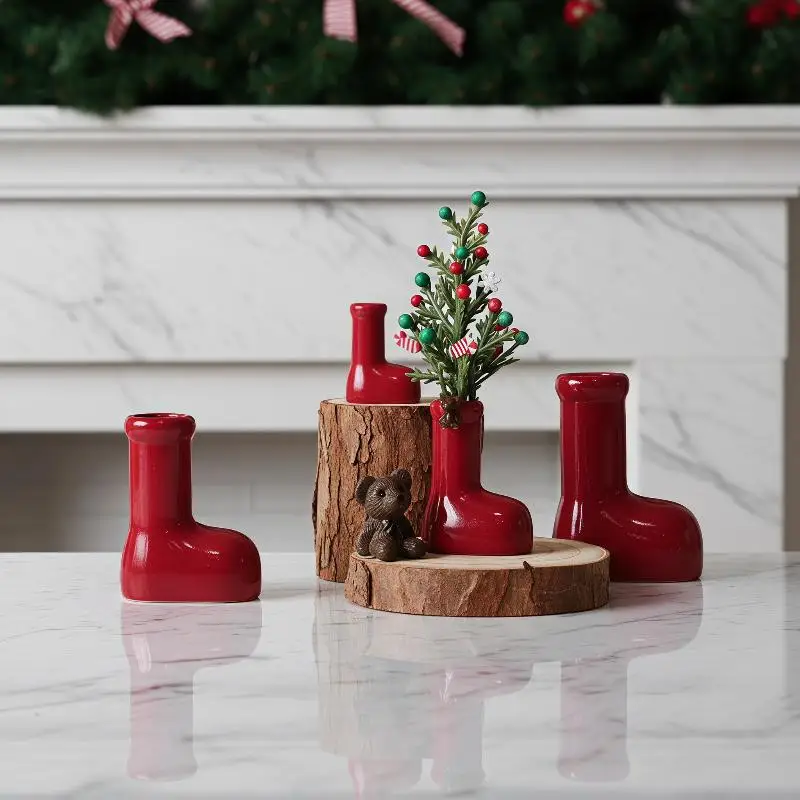Miniature Christmas Little Red Boots Rubber Vase Creative Dollhouse Desktop Flower Arrangement Accessories Toys