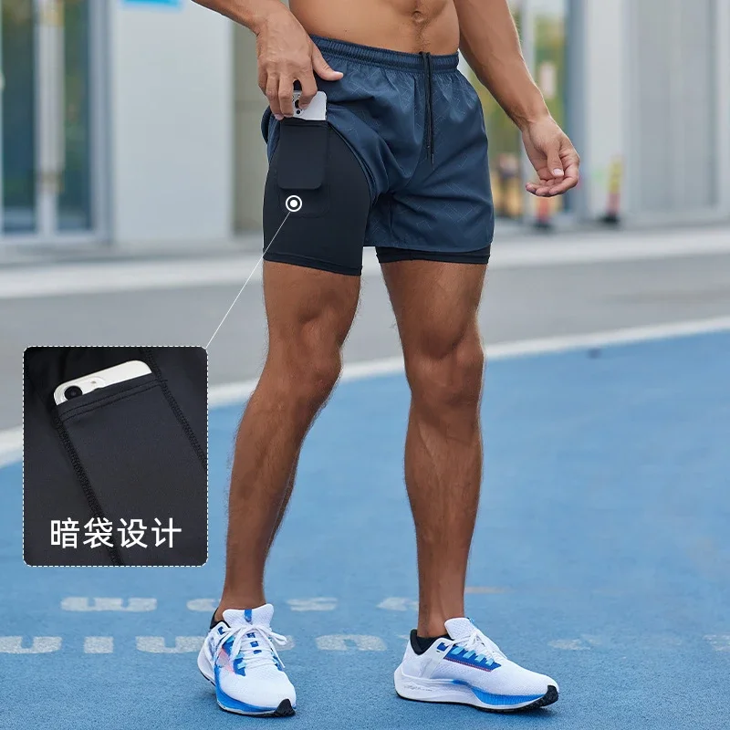 Couple Double Deck Fitness Sports Shorts Zipper Pockets Quick Drying Running Short Pants Fitness Jogging Trainning Gym Shorts