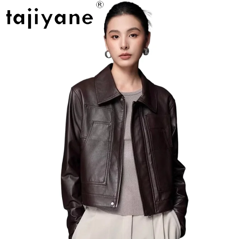 TAJIYANE 本物の羊皮ジャケット ショート丈 本革ジャケット レディース おしゃれ バイク用 秋服 2025 コート 女性用 дубленка