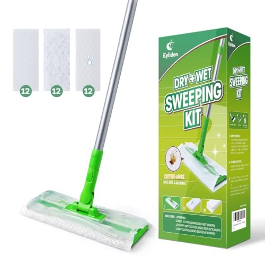 

Eyliden Sweeper Mop with 36 Refills - 3 Types of Disposable Dry and Wet Cloths Lock-Tight Design No Lost Pads Universal Refills