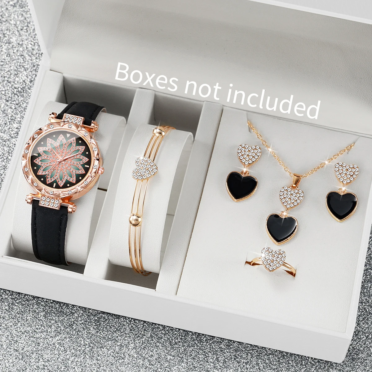 6PCS Fashion Rhinestone Flower Dial Women Wristwatch Ladies Leather Strap Watch Heart Diamond Jewelry Set(Without Box)