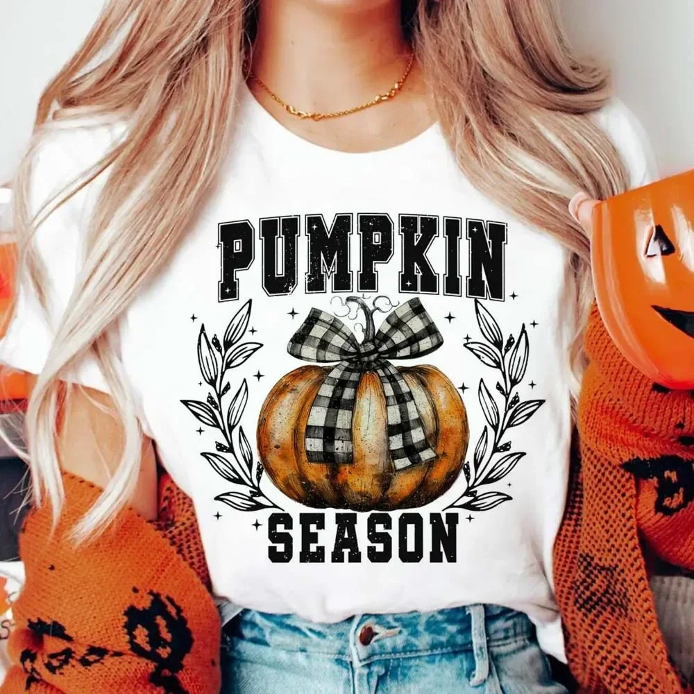 Pumpkin Season Coquette Bow Pattern T-Shirt for Women\'s Clothing Printed Loose Plus Size T-Shirt for Women\'s Casual Basic T-Shir