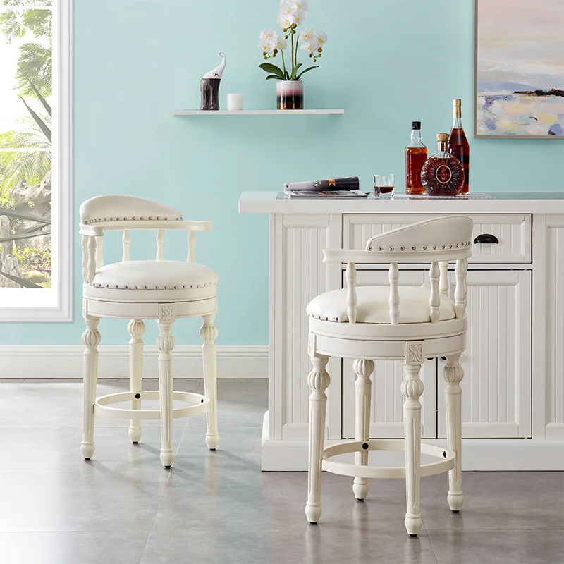 

European solid wood bar chair White bar chair Household rotatable backrest High chair Simple American bar Light luxury