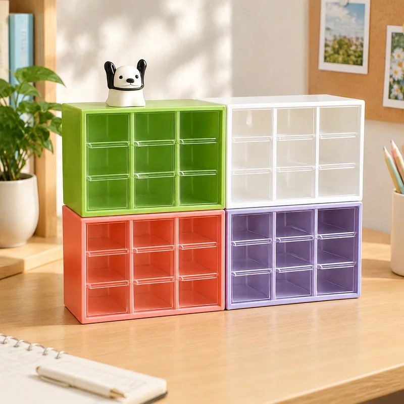 Clear Desktop Storage Box with 9 Sections and Mini Drawers, Ideal for Student Desk and Wall Mounting