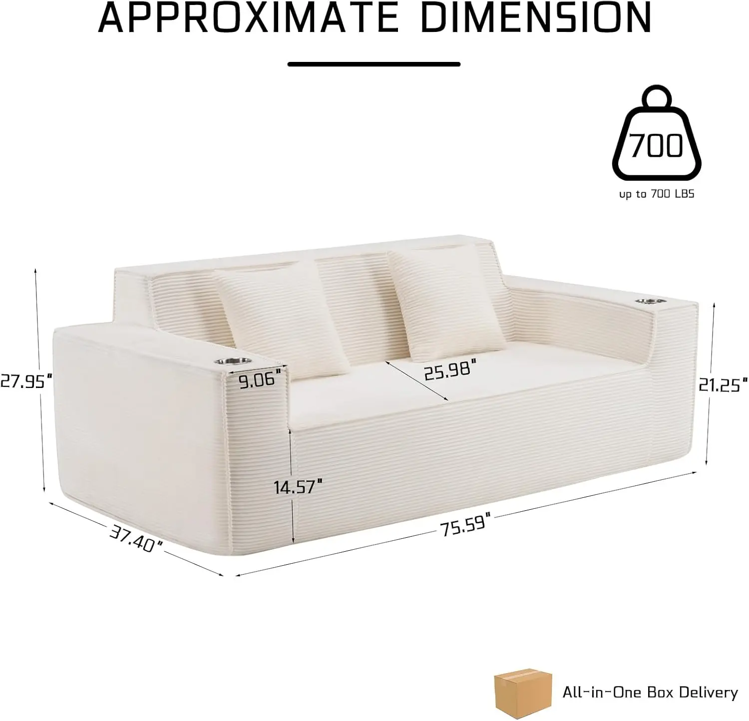 Sofá loveseat em nuvem de 75 '', sofá desossado com suporte para copos, sem necessidade de montagem, confortável, assento profundo, sofá de veludo