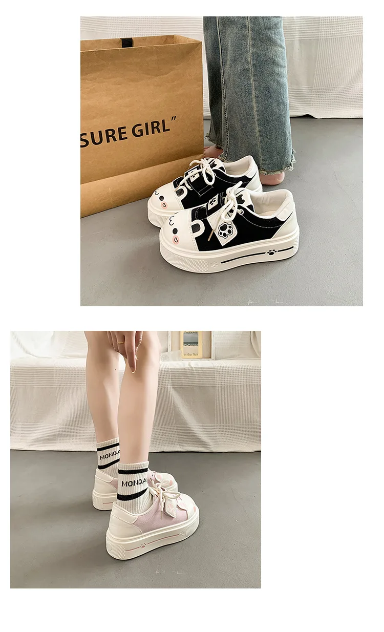 Kuschelige Katzenpfoten-Canvas-Schuhe, Schnür-Sneaker mit Kätzchen-Patchwork für Damen, Plateau-Schuhe aus Kunstleder, Lolita-Chunky-Trainer – Detail 8
