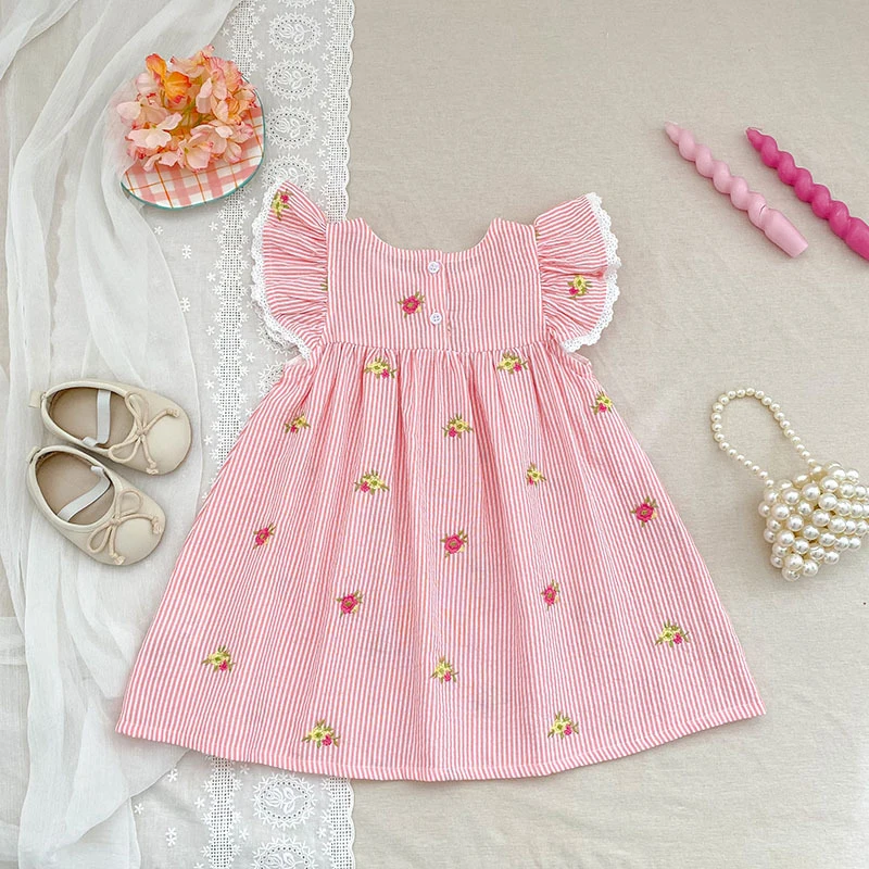 2026 Sommer 0-24M Baby Mädchen Flügelärmel Baumwolle Stickerei Baby Body 2-6 Jahre Süße Partykleider Schwesterkleidung – Detail 11