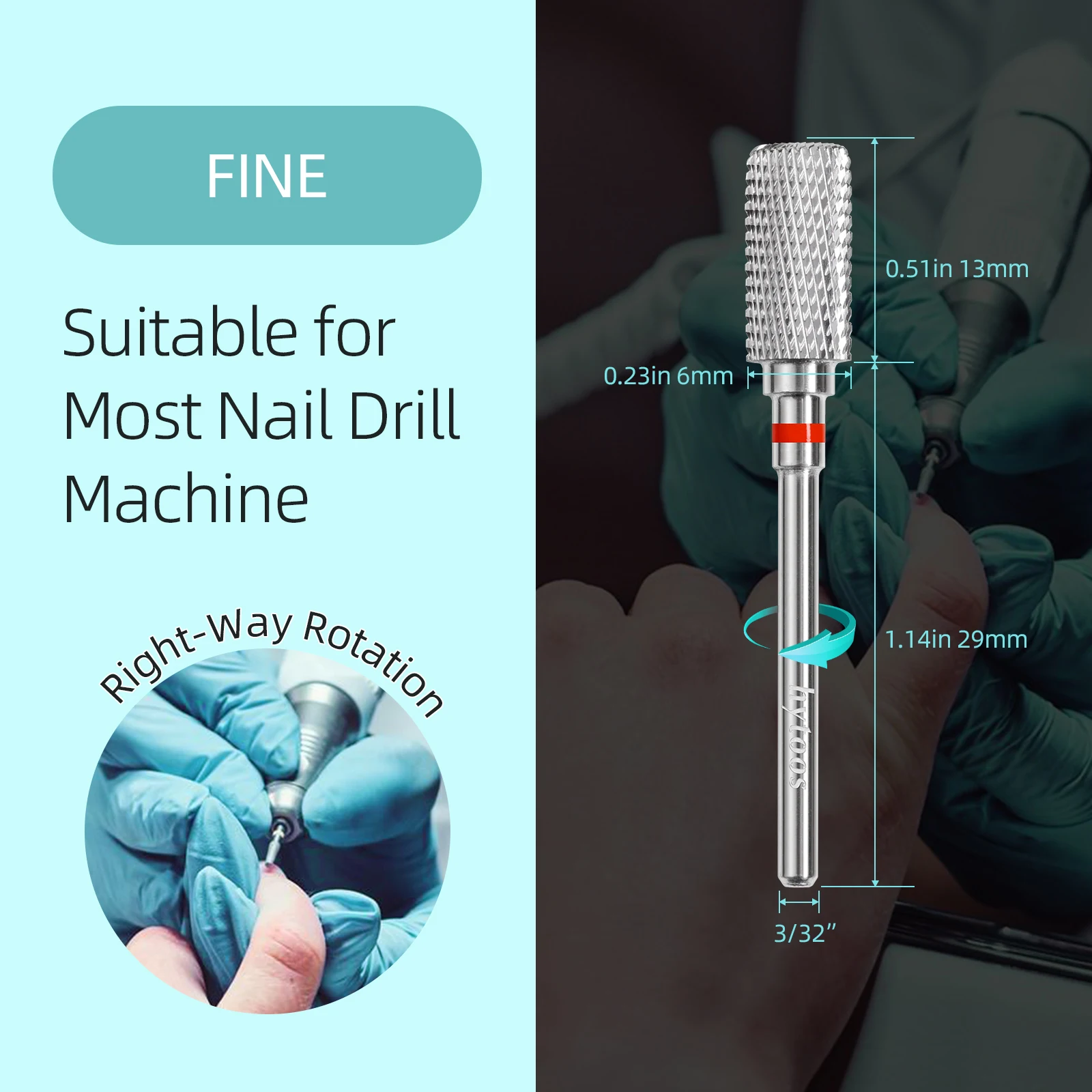 HYTOOS 13mm Barrel Carbide Nail Drill Bits Dust Proof Nail Bit 3/32 Right-handed Electric Manicure Efile Remove Acrylic Gel Tool