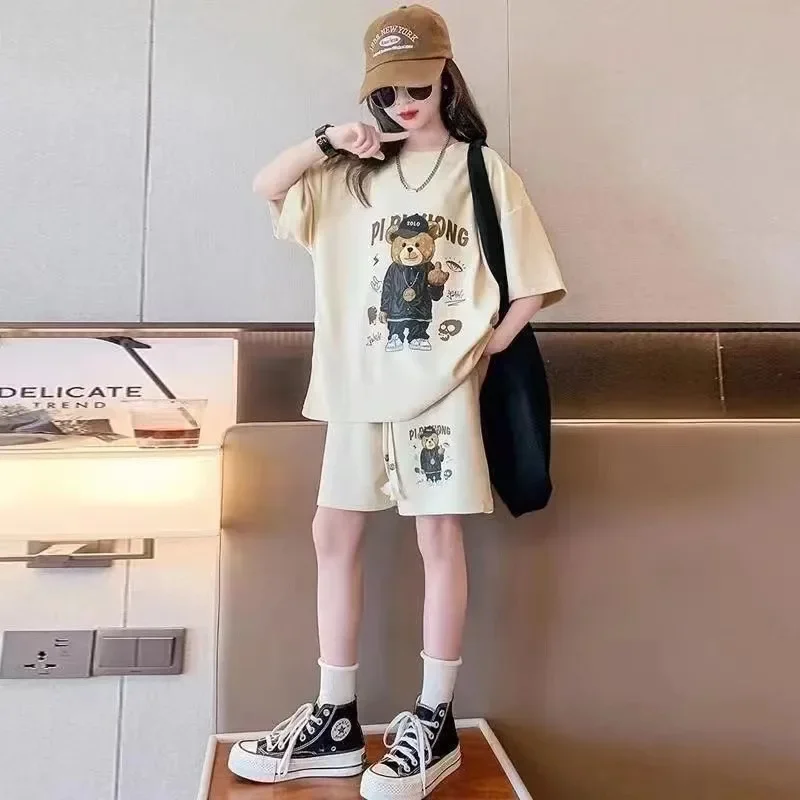 

Girls Children's Set Short-sleeved T-shirt Top Cartoon Design+shorts Sports Two-piece Suit Outer Wear Casual Simple Loungewear