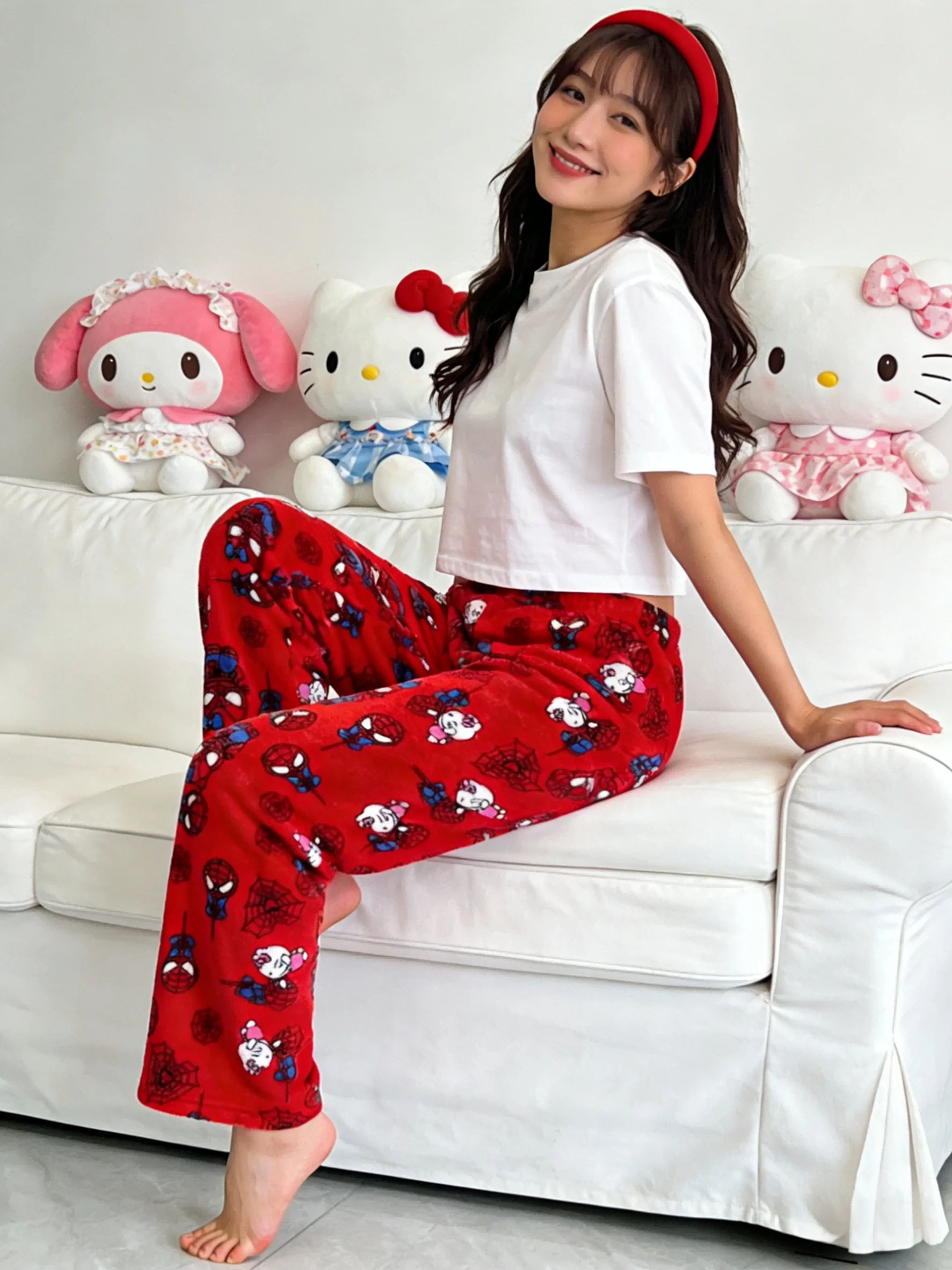 Hello Kitty flannel pajama pants, thickened red fleece pants for warmth, casual pants for walking, perfect for party wear!