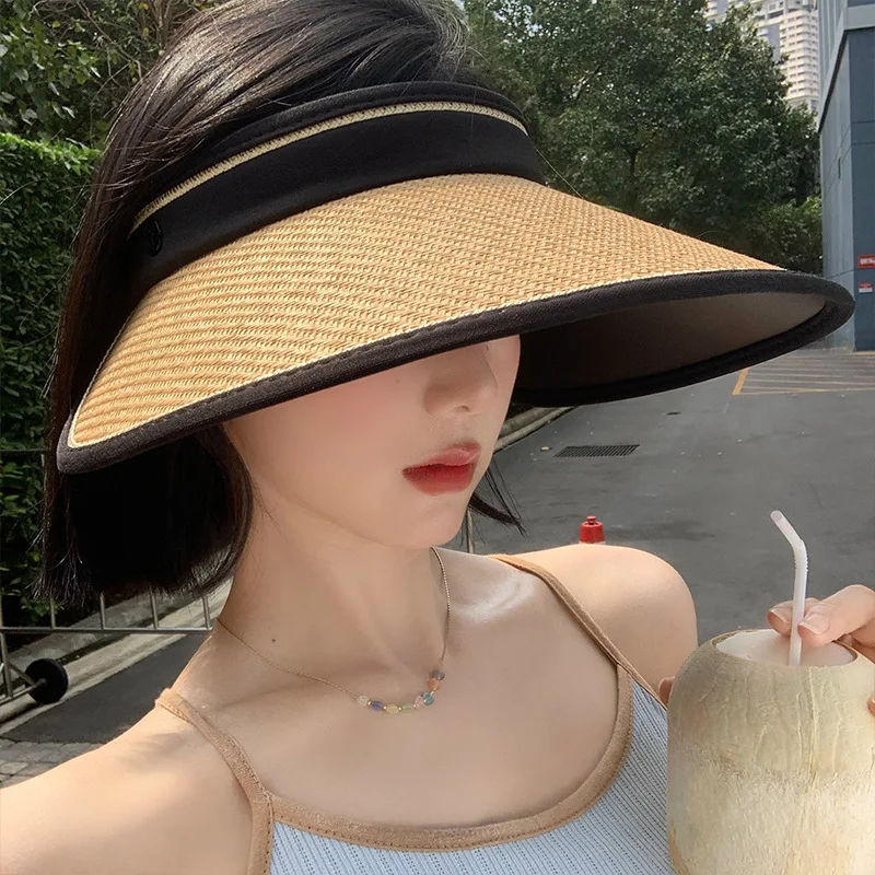 

Vinyl empty top sunblock hat women's summer large brim full face straw hat UV protection beach sunshade hat